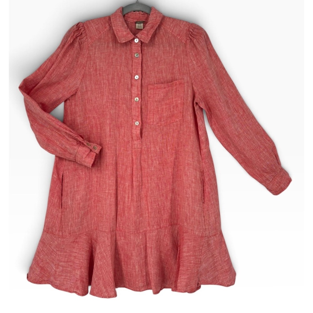 Magaschoni Shirt Dress Womens Medium Red Linen Ruffle Hem Puff Sleeve